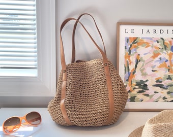Bolso tipo dumpling con asa superior de cuero vegano, bolso de paja de papel tejido a mano, bolsos de hombro, bolso de playa de verano, forro de algodón, cierre magnético