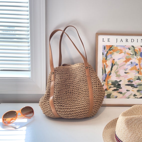 dumpling bag with vegan leather top handle paper straw purse hand woven shoulder handbags summer beach tote cotton lining magnet closure