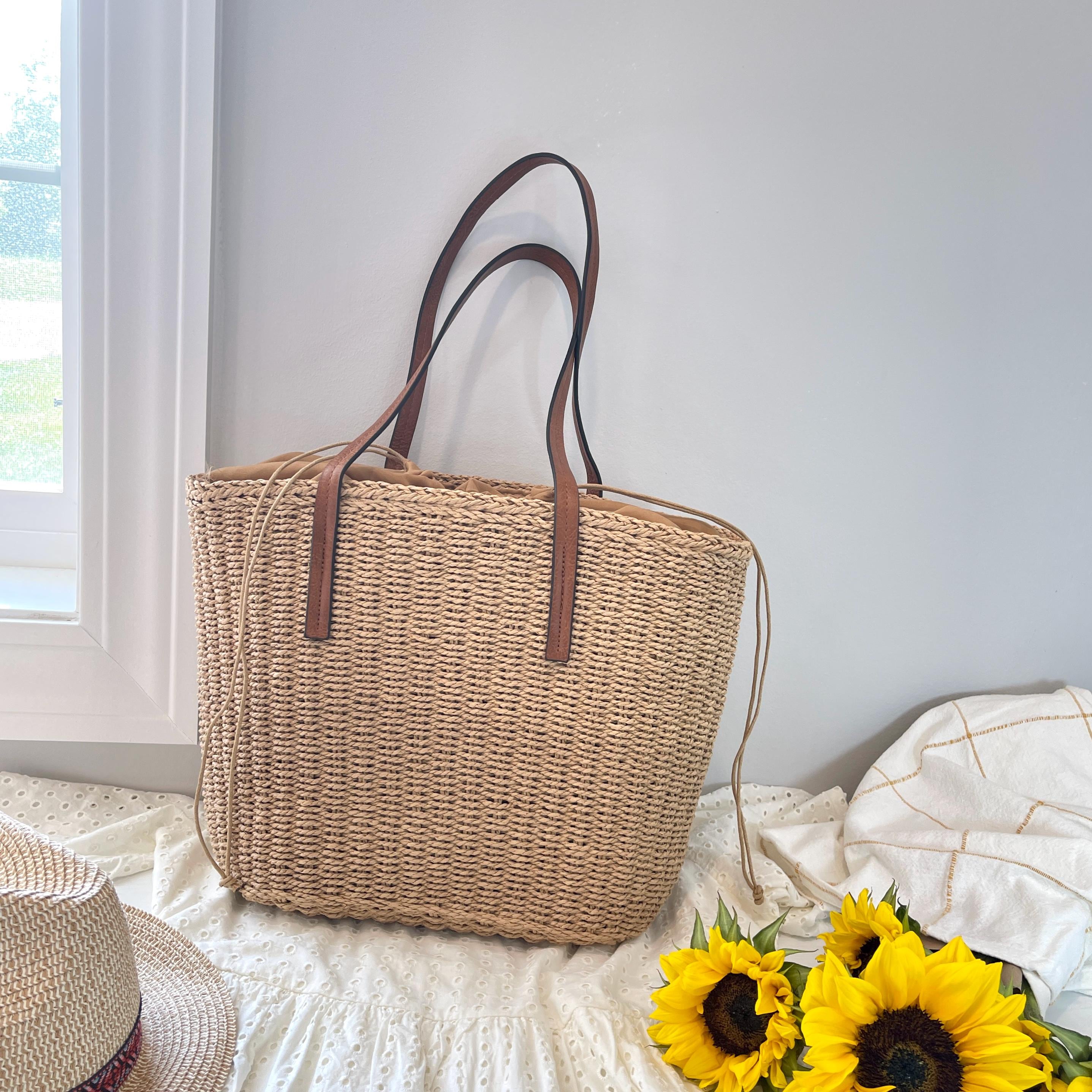 French Market Tote for Summer Beach Vacation Weave Drawstring Bag Handwoven Straw Shoulder Bag with Vegan Leather Top Handle Cotton Lining