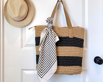 summer tote bag with zipper hand wove straw shoulder bag with vegan leather double top handles black khaki stripe beach market shopping bags