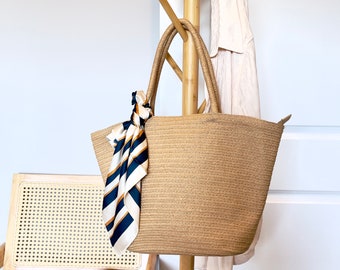 Hand Woven Straw Shoulder Bag with Zipper & Scarf