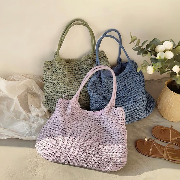 Bolsa de ombro roxa em tela, sacola de palha trançada, bolsa de praia de verão com forro de algodão, bolso lateral, bolsa de compras estilo feira francesa para mulheres.
