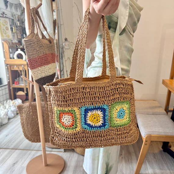 Woven Straw Beach Tote Bag, Ethnic Granny Square Handbag - Etsy display picture 3