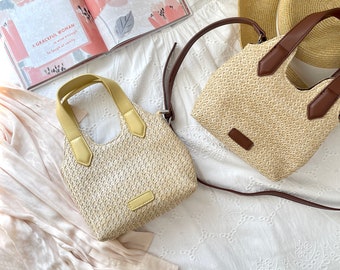 top handle wrist purse crossbody sling bag straw woven handbag with adjustable vegan leather crossbody strap summer vacation shoulder bags