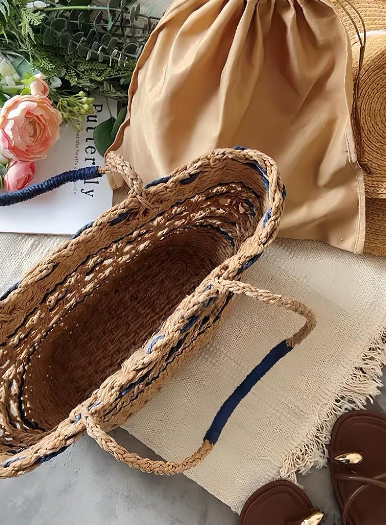 Blårandig vävd tygväska med halm, axelväskor, fransk lantmarknad, sommar, strand, semester, handväskor, stor kapacitet, pappersfiberhandväska bild 10