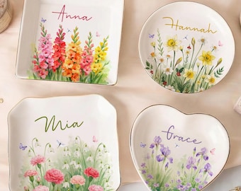 Portagioie personalizzato con fiore del mese di nascita ad acquerello, regalo personalizzato con fiore di nascita per la mamma, portagioie per il compleanno, regalo per damigella d'onore.