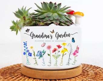 Gepersonaliseerde oma's tuin plantenpot, moeders tuin, aangepaste geboortemaand bloemen mini plantenpot, Moederdag cadeau voor oma, bloempot