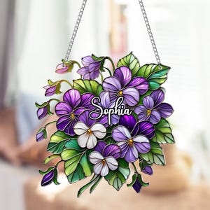 Birth Flower With Name Suncatcher Ornament, Personalized Mother Day Gift, Birth Month Flower Acrylic Window Hanging, Floral Garden Decor