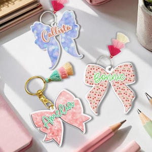 Personalized Acrylic Bow Backpack Keychain - Custom Name Tag for Kids, Handmade, Unique, Durable, Colorful, Back to School Gift For Kid.