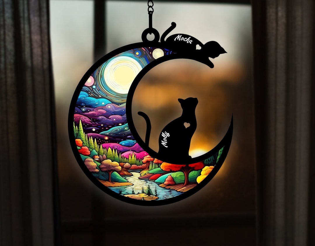 Personalized Cat on Moon Suncatcher, Pet Memorial Gift, Pet Bereavement ...