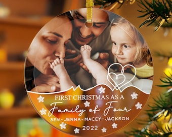 Personalisierte vierköpfige Familie Foto Ornament, Babys erstes Weihnachten