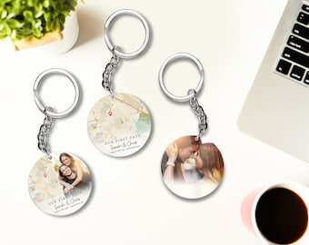 Personalized Keychain Map Our First Date , Anniversary Gift, Custom Photo Acrylic Keyring, First Date Gift, Where We Met Map Memory Heart