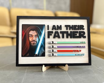 Personalized I Am Their Father Wooden Sign Board, Fathers Day Custom Gift For Dad, The Dadalorian, Photo Portrait, Kids Name Light Saber