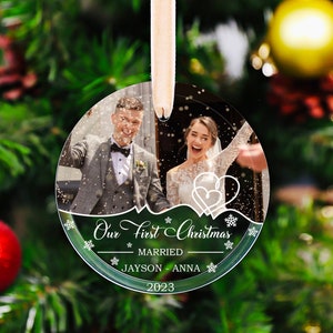 Personalized Our First Christmas Married Glass Ornament, Mr Mrs Wedding Ornament 2023, Newlywed Gift, Engagement Gift Acrylic Photo Ornament