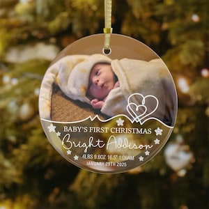 Décoration de Noël en verre personnalisée pour bébé 2025, décoration photo, décoration de Noël personnalisée, faire-part de bébé, nouveau-né, cadeau pour nouveau-né