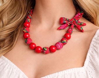 Handmade Red Wooden Bead Necklace | Polish Folk Floral Ribbon Jewelry