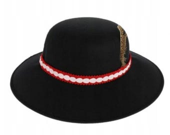 May include: A black hat with a wide brim, adorned with a red and white patterned band around the crown. A decorative feather is attached to the side. This hat is a stylish accessory.