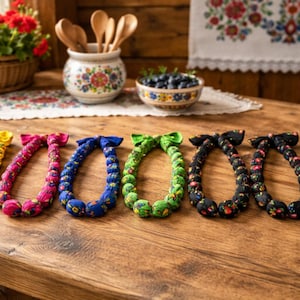 Puede incluir: Collares de tela coloridos en amarillo, rosa, azul, verde, negro y azul. Cada collar está adornado con un lazo. Se exhiben sobre una mesa de madera, con un fondo rústico y floral.