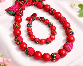 Handmade Red Wooden Bead Necklace Bracelet Set - Polish Folk Boho Jewelry