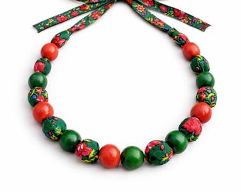Handmade Green Polish Folk Necklace | Wooden Bead, Floral Ribbon