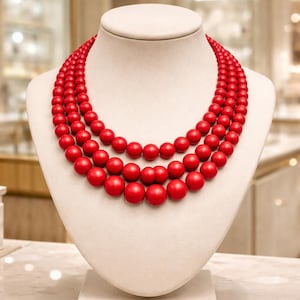 May include: A three-strand red beaded necklace displayed on a white mannequin bust. The necklace features large, round beads in a vibrant red color. The background is a blurred view of a jewelry store.