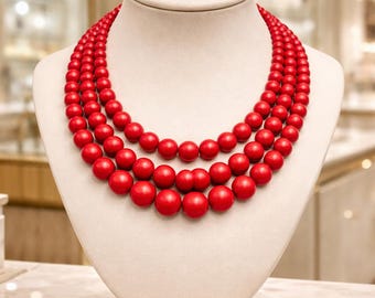 Drievoudige Rode Hoogland Ketting | Poolse Volksjuwelen | Handgemaakte Houten Kralen Ketting | Góralskie Korale Set