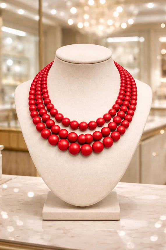 Red Wooden Bead Necklace | Polish Folk Jewelry, Triple Strand