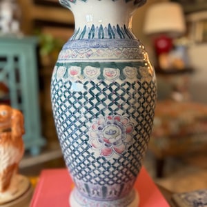 Vintage Pastel Chinoiserie Style Floral Vase - Maximalist - Hand Painted - Grandmillennial