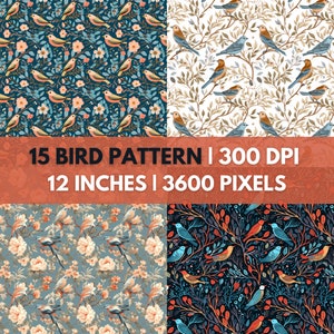 Puede incluir: Cuatro patrones sin costuras con pájaros coloridos y diseños florales. Cada patrón mide 12 pulgadas por 12 pulgadas y 3600 píxeles por 3600 píxeles. Los patrones son perfectos para el scrapbooking digital, la impresión de telas y otros proyectos creativos.