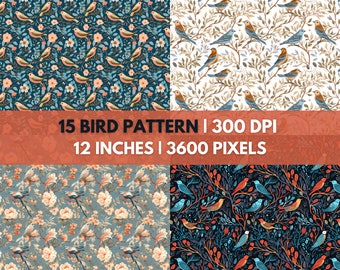 Seamless Digital Bird Pattern, Digital Paper, Birds on Branches, Bird Background, Bird Print