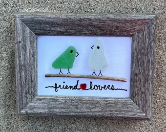 Framed Sea Glass Art - Friends & Lover Birds