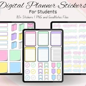 May include: Digital planner stickers for students, featuring colorful digital stickers for digital planning. Includes stickers for notes, checklists, and labels. The image shows three tablets with various sticker designs, including the text "study assignment project".