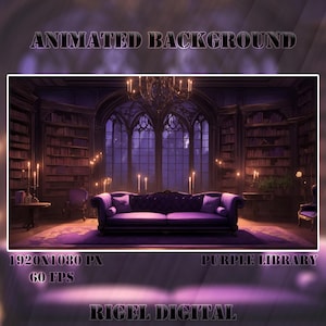 Vtuber Animated Background | Purple Cozy Library | Looped Vtuber Twitch Stream Overlay | Instant Digital Download