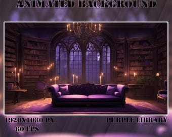 Vtuber Animierter Hintergrund | Lilafarbene gemütliche Bibliothek | Geloopt Vtuber Twitch Stream Overlay | Sofortiger digitaler Download