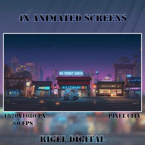 4x Animated Stream Screens | Pixel City | Stream Package | Twitch Stream Screen | Vtuber Twitch Stream Overlay | Animated Screens