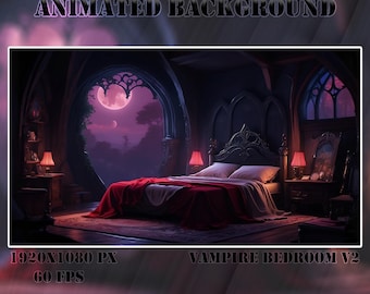 May include: A dark, gothic bedroom with a large, arched window overlooking a moonlit forest. The bed is draped in red velvet and has a black headboard with intricate carvings. There are two lamps on nightstands, and a small table with a vase of flowers. The text "Vampire Bedroom V2" is visible at the bottom of the image.