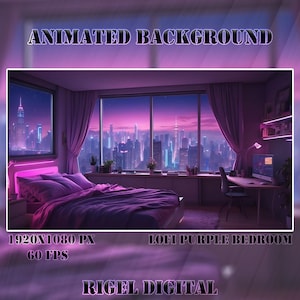 Vtuber Animated Background | Lofi Purple Bedroom | Looped Vtuber Twitch Stream Overlay | Instant Digital Download