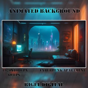 Vtuber Animated Background | Cyberpunk Apartment | Looped Vtuber Twitch Stream Overlay | Instant Digital Download