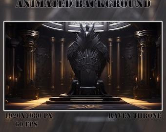 May include: A black throne with a raven design, set in a dark room with gold accents. The throne is surrounded by pillars and has a textured surface. The text "RAVEN THRONE" is visible at the bottom of the image.