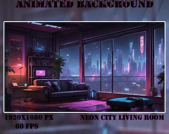 Vtuber Animierter Hintergrund | Neon City Wohnzimmer | Geloopt Vtuber Twitch Stream Overlay | Sofortiger digitaler Download