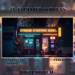 4x Animated Stream Screens | Cyberpunk City | Stream Package | Twitch Stream Screen | Vtuber Twitch Stream Overlay | Animated Screens