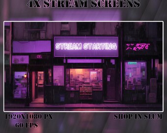 May include: A digital graphic featuring a storefront at night with a neon purple sign that reads STREAM STARTING. The scene includes the text 4X STREAM SCREENS, 1920X1080 PX, 60 FPS, SHOP IN SLUM, and RIGEL DIGITAL in a dark, rainy urban setting.