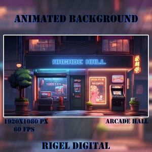May include: A neon sign reading "ARCADE HALL" above a shop front with a video game arcade inside. The shop front has a large window offering a view of the arcade games. The arcade is lit with neon lights and has a retro feel. The image is 1920x1080 pixels and 60 frames per second.