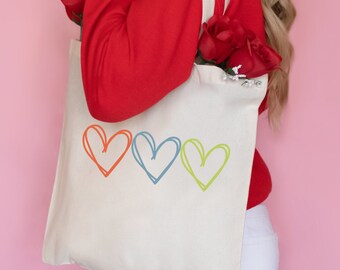 Totebag Gift for Her, Three Hearts Cotton Canvas Tote Bag, Market Bag, Eco Friendly Grocery Bag, Aesthetic Bag, Reusable Farmers Market Gift