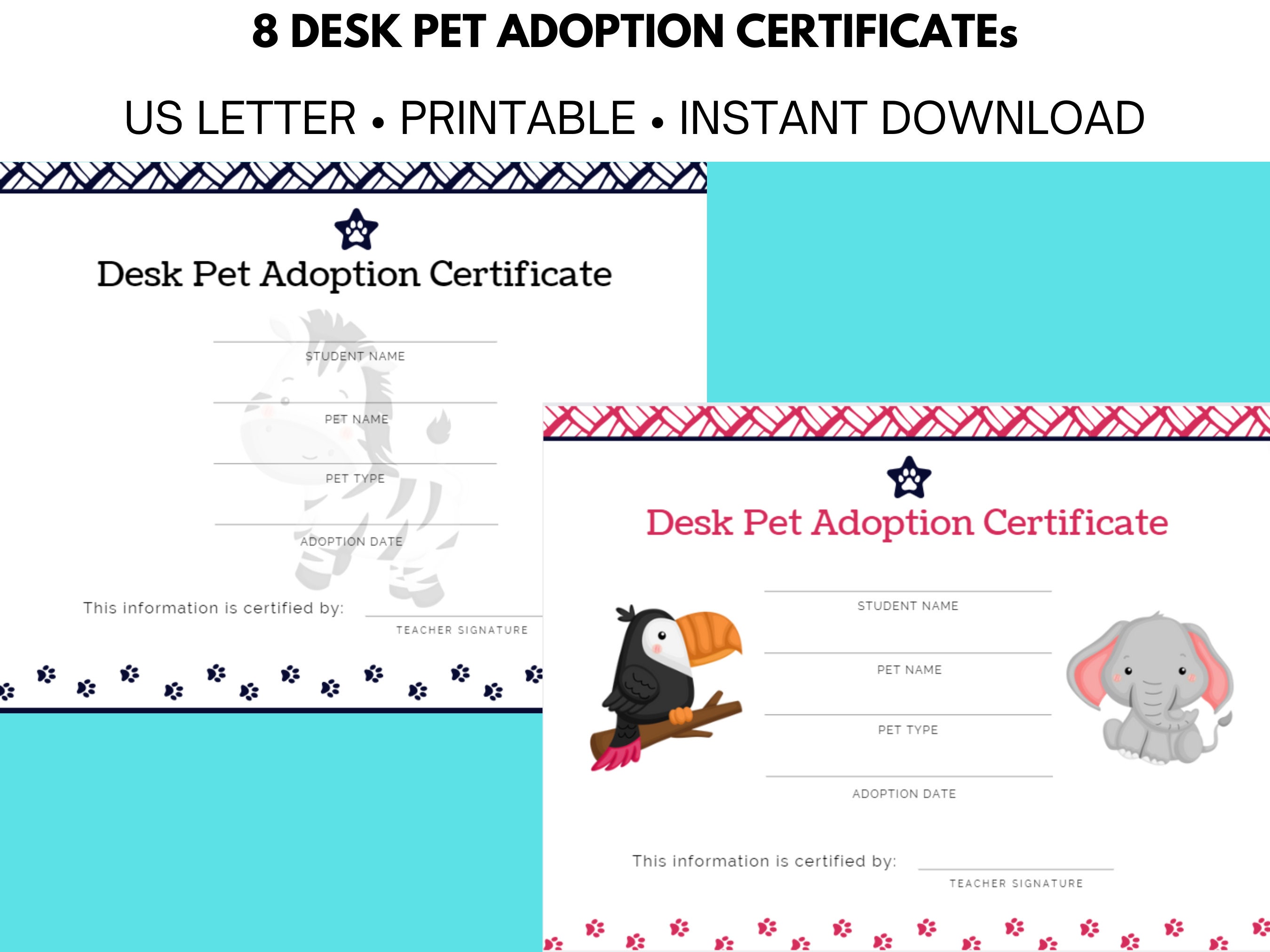 Desk Pet Adoption Certification Printable Desk Pets Classroom Desk Pet  Positive Reinforcement Teacher Desk Pet Printable Instant 