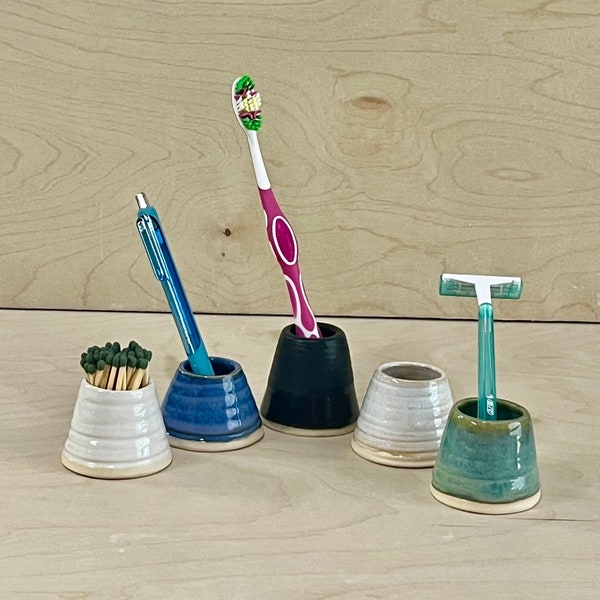 Single Toothbrush or Razor Holder Handmade Pottery Blue Black White Cream or Turquoise Ceramic Match Holder Toothpick Holder Stoneware