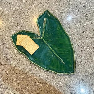 Handmade Large 16” Platter Stoneware Pottery Serving Tray Rectangular Green Elephant Ear Leaf Thanksgiving,  Appetizers Cheese Charcuterie