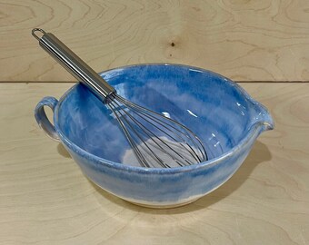 8” Stoneware Handmade Handled Mixing Bowl with Whisk Batter Bowl Dishwasher and Microwave Safe Blue and White Pottery Food Safe