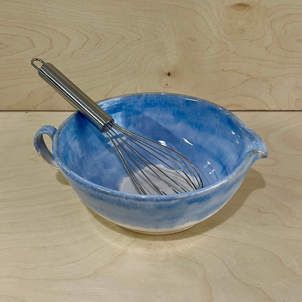 8” Stoneware Handmade Handled Mixing Bowl with Whisk Batter Bowl Dishwasher and Microwave Safe Blue and White Pottery Food Safe