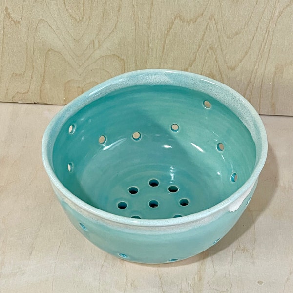 7” Berry Bowl Handmade Stoneware Pottery Ceramic Wheel Thrown Dark Turquoise Colander Dishwasher Safe Made in Florida Strainer